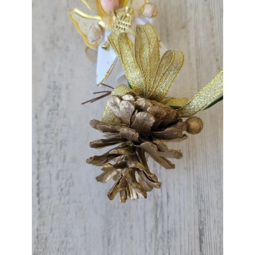 Vintage wooden angel pine cone golden ornament‎ Xmas decor trumpet